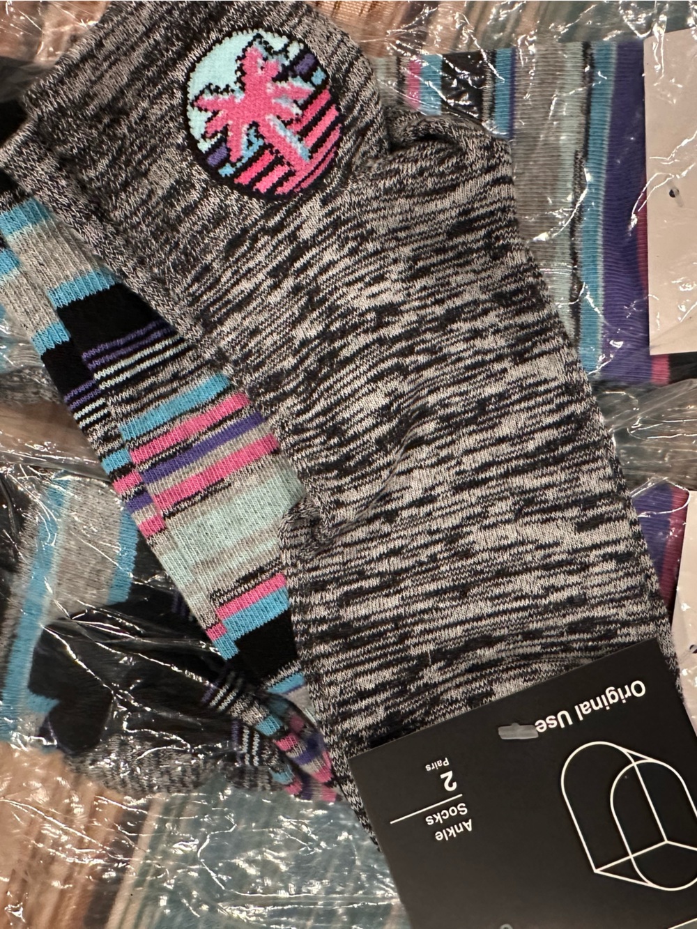 6PK Men's Ankle Socks - Heather Gray with Pastel Accents -unisex